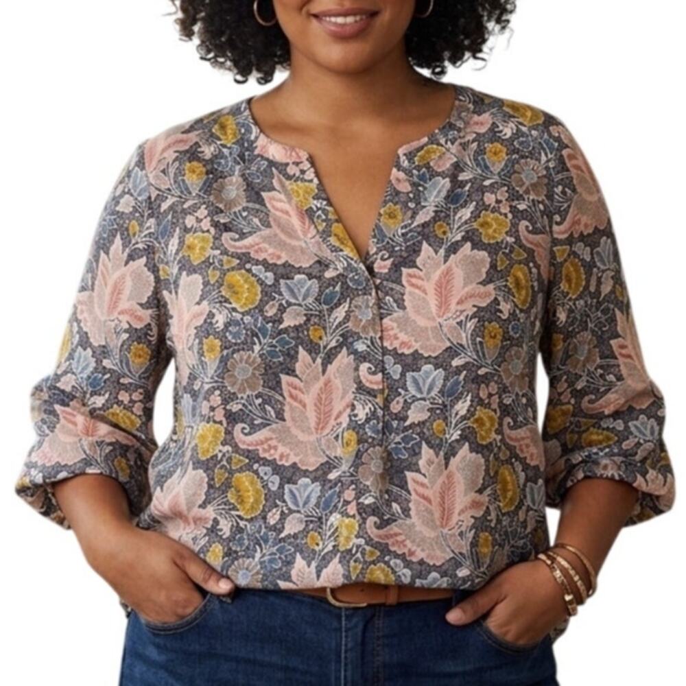 Tahari Floral Popover Tunic Womens Size 2X Gray Pink Flowy Top